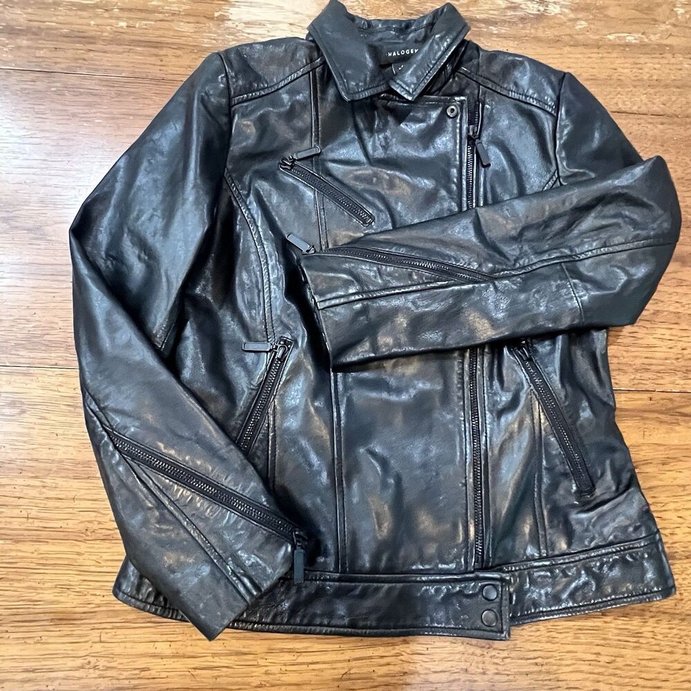 Halogen Womens Black Real Leather Moto Biker Jacket Full Zip Petite Small S